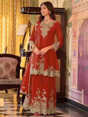 Orange embroidered chinon kurta trouser dupatta set 3