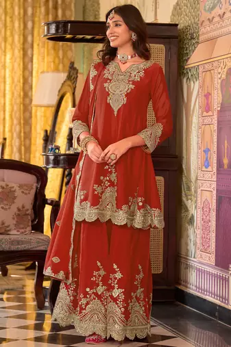 Orange embroidered chinon kurta trouser dupatta set
