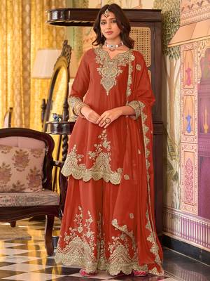 Orange embroidered chinon kurta trouser dupatta set 4