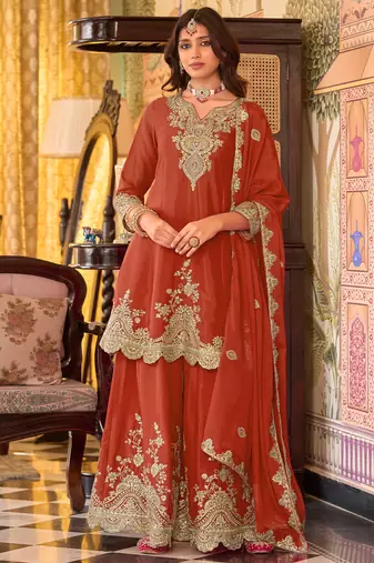 Orange embroidered chinon kurta trouser dupatta set