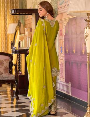 Yellow embroidered chinon kurta trouser dupatta set 2