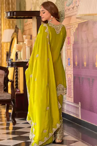 Yellow embroidered chinon kurta trouser dupatta set