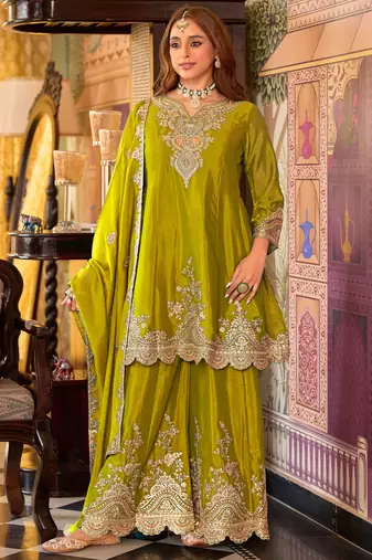 Yellow embroidered chinon kurta trouser dupatta set