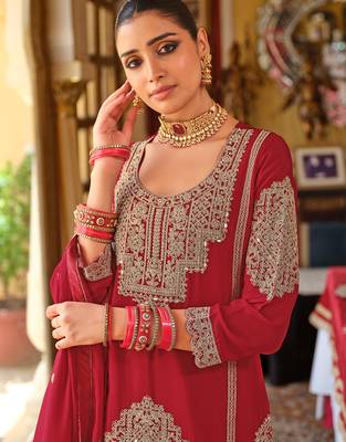 Red embroidered chinon kurta trouser dupatta set 1