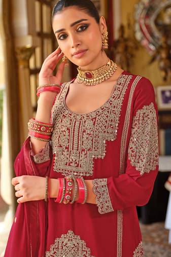 Red embroidered chinon kurta trouser dupatta set