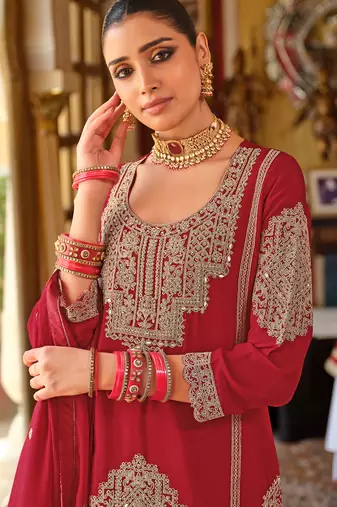 Red embroidered chinon kurta trouser dupatta set