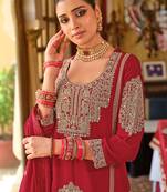 Red embroidered chinon kurta trouser dupatta set