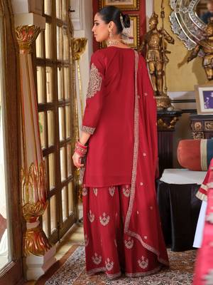 Red embroidered chinon kurta trouser dupatta set 2