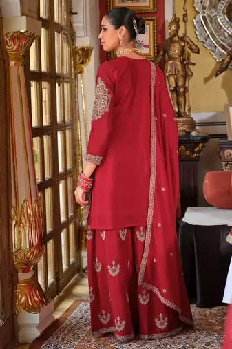 Red embroidered chinon kurta trouser dupatta set