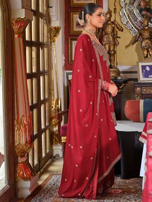 Red embroidered chinon kurta trouser dupatta set 3