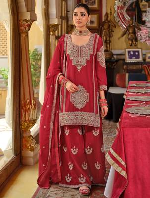 Red embroidered chinon kurta trouser dupatta set 4