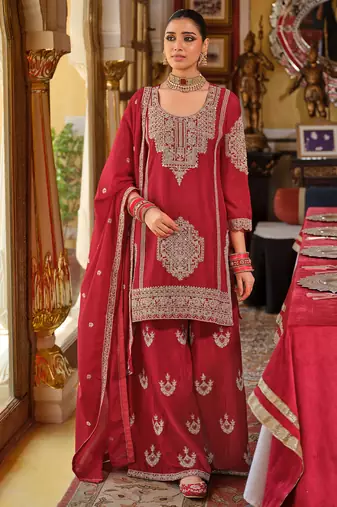 Red embroidered chinon kurta trouser dupatta set