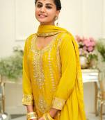 Yellow embroidered chinon kurta trouser dupatta set