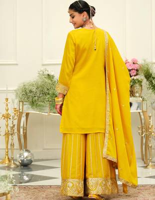 Yellow embroidered chinon kurta trouser dupatta set 2