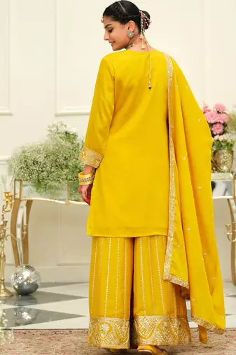Yellow embroidered chinon kurta trouser dupatta set