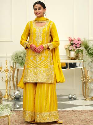 Yellow embroidered chinon kurta trouser dupatta set 3
