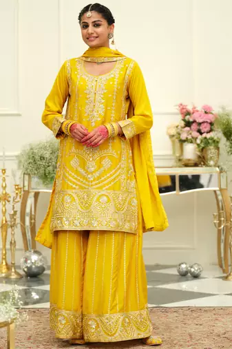 Yellow embroidered chinon kurta trouser dupatta set
