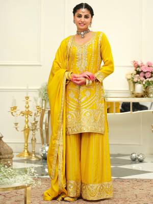 Yellow embroidered chinon kurta trouser dupatta set 4