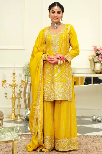 Yellow embroidered chinon kurta trouser dupatta set