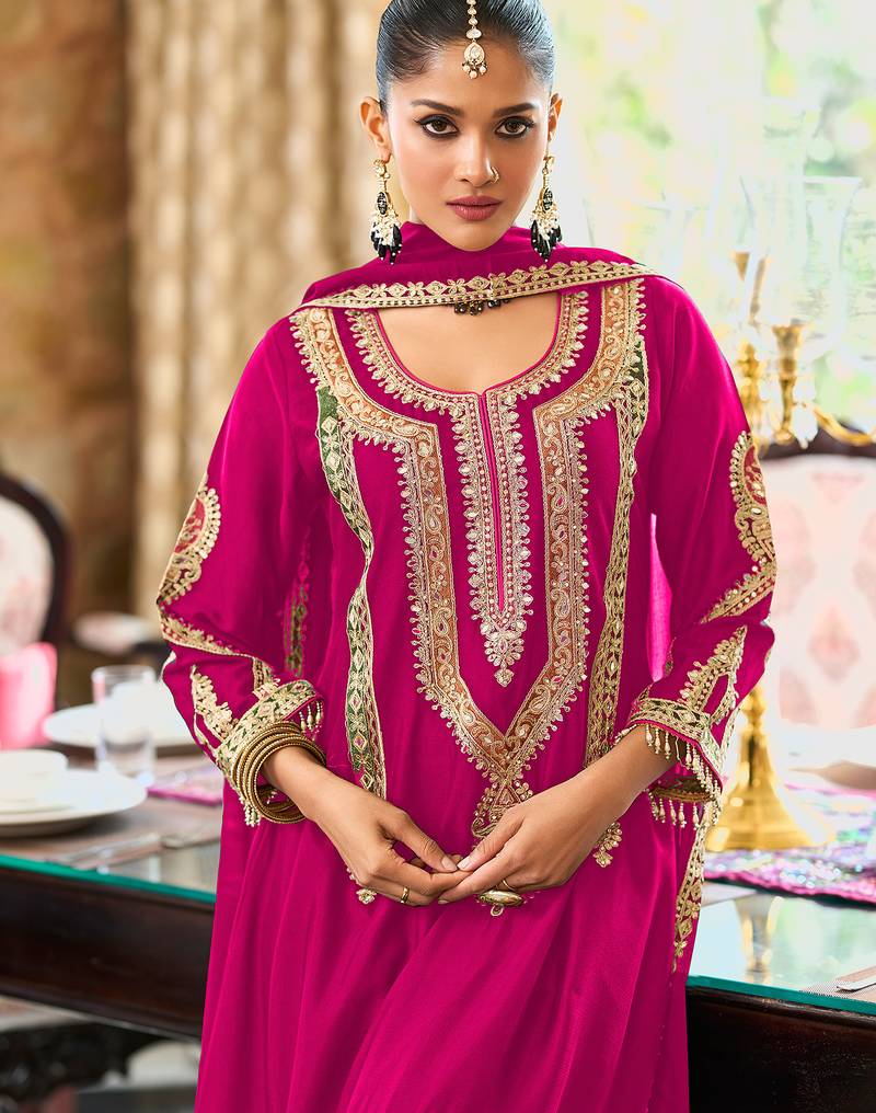 Pink embroidered chinon kurta trouser dupatta set