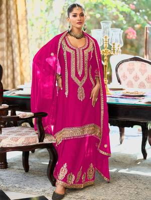 Pink embroidered chinon kurta trouser dupatta set 2