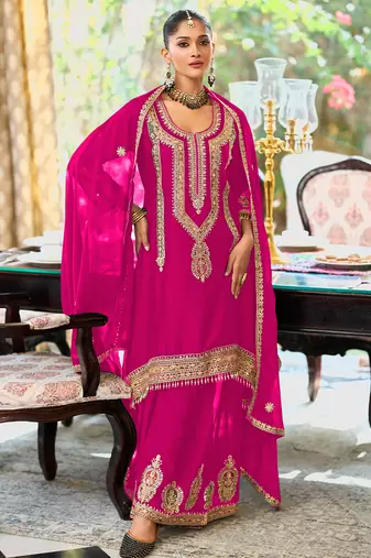 Pink embroidered chinon kurta trouser dupatta set