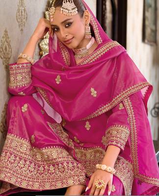 Pink embroidered silk kurta trouser dupatta set 1