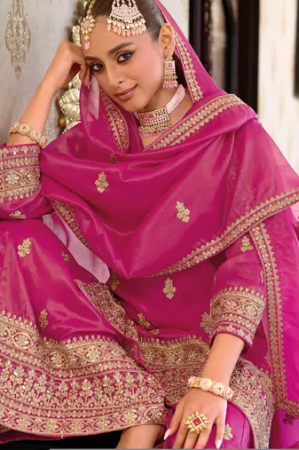Pink embroidered silk kurta trouser dupatta set