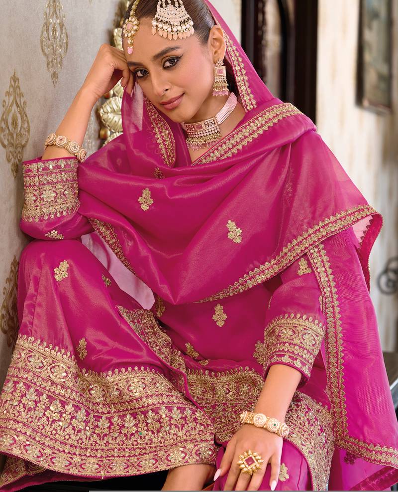 Pink embroidered silk kurta trouser dupatta set