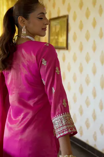 Pink embroidered silk kurta trouser dupatta set