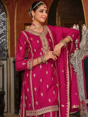 Pink embroidered chinon kurta trouser dupatta set 1
