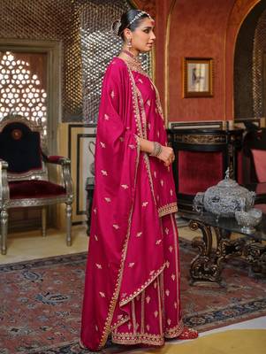 Pink embroidered chinon kurta trouser dupatta set 3