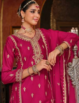Pink embroidered chinon kurta trouser dupatta set 4