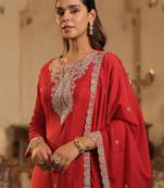 Maroon embroidered silk kurta trouser dupatta set
