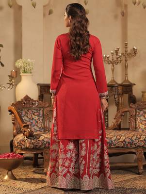 Maroon embroidered silk kurta trouser dupatta set 2