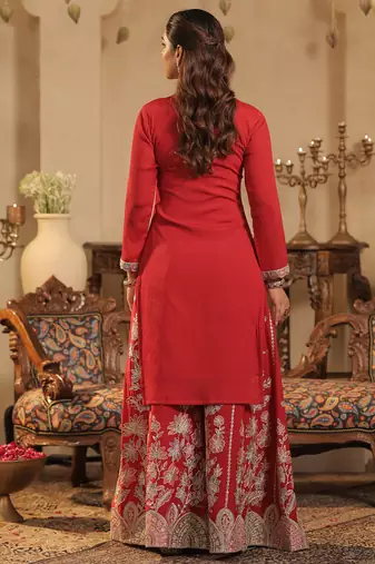 Maroon embroidered silk kurta trouser dupatta set