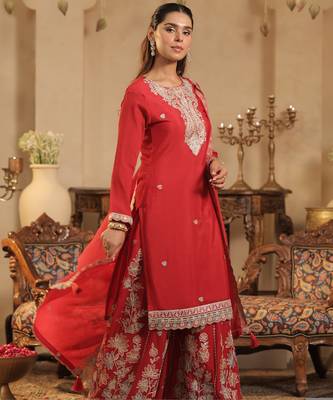 Maroon embroidered silk kurta trouser dupatta set 3