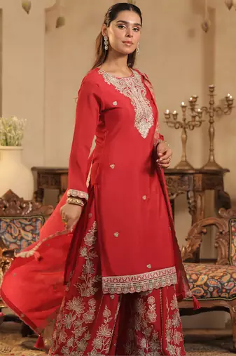Maroon embroidered silk kurta trouser dupatta set