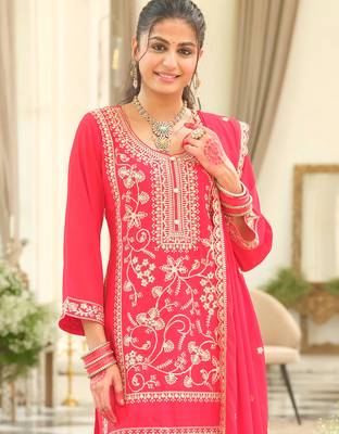 Red embroidered chinon kurta trouser dupatta set 1