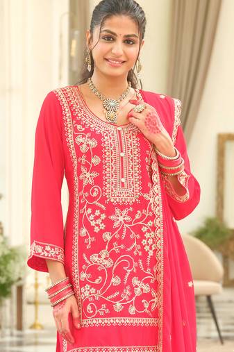 Red embroidered chinon kurta trouser dupatta set