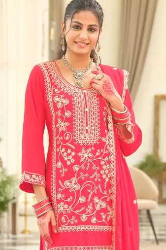 Red embroidered chinon kurta trouser dupatta set