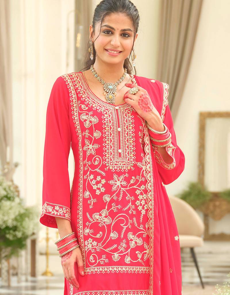 Red embroidered chinon kurta trouser dupatta set