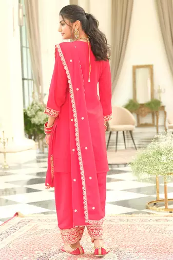 Red embroidered chinon kurta trouser dupatta set