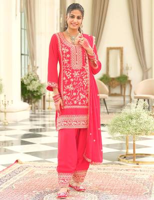 Red embroidered chinon kurta trouser dupatta set 3
