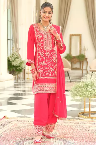 Red embroidered chinon kurta trouser dupatta set