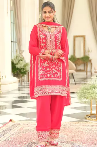 Red embroidered chinon kurta trouser dupatta set