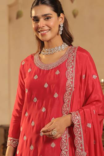Pink embroidered chinon kurta trouser dupatta set