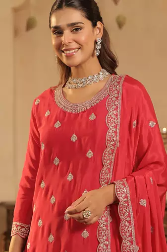 Pink embroidered chinon kurta trouser dupatta set