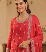 Pink embroidered chinon kurta trouser dupatta set