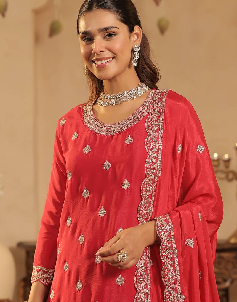 Pink embroidered chinon kurta trouser dupatta set